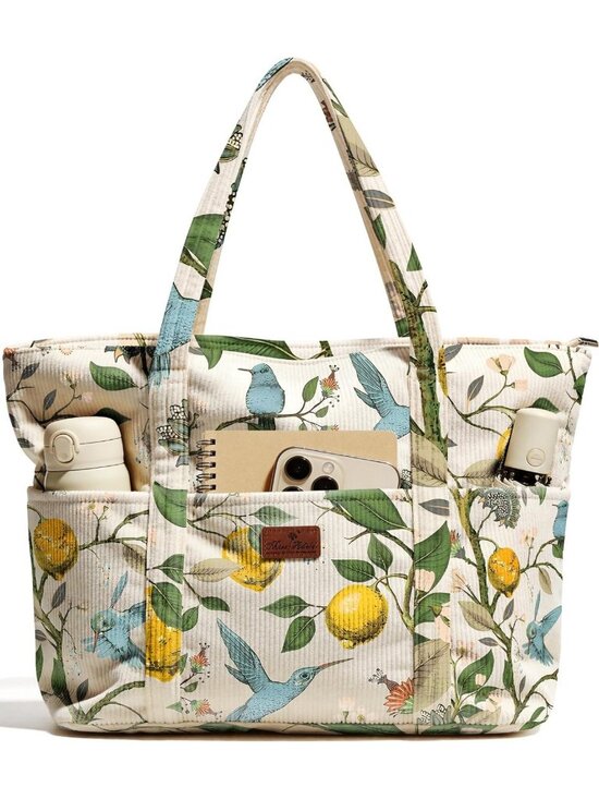 Handbags - Spacious Corduroy Tote Bag for Women | Stylish, Zipper Closure, Multi Pockets